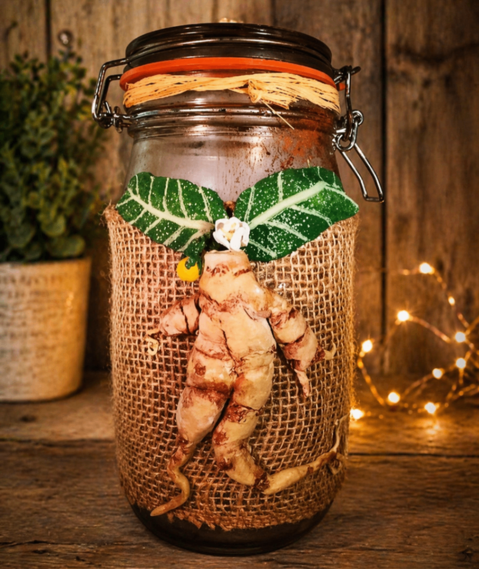 Apothecary mandrake root jar with botanical decoration by Loren Morris, Primitive Witchery