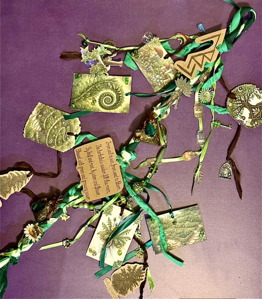 Full view of herbalist cord magic with botanical tags and nature charms by Loren Morris, Primitive Witchery