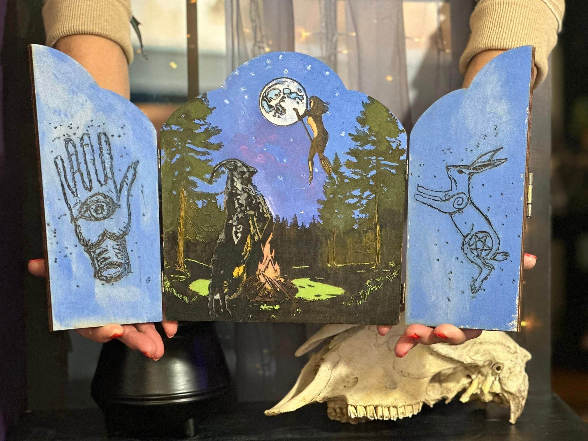 Black Phillip triptych altar box open view by Loren Morris, Primitive Witchery