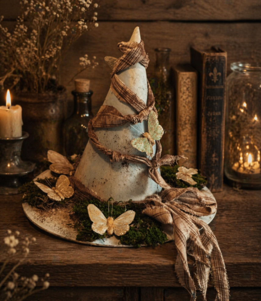Handcrafted primitive witch hat with butterflies and moss by Loren Morris, Primitive Witchery