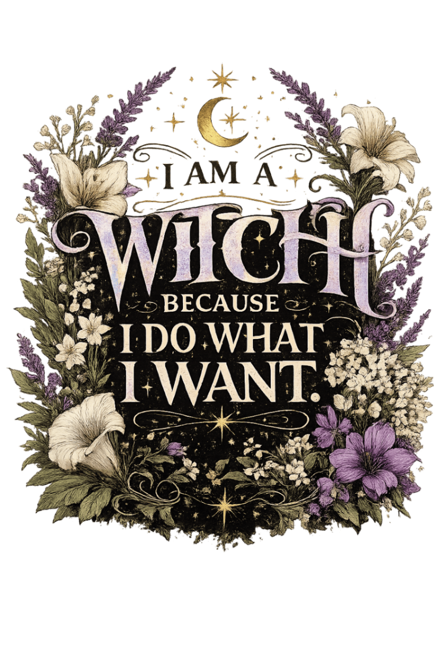 I Am a Witch Because I Do What I Want — illustrated typography with florals and crescent moon