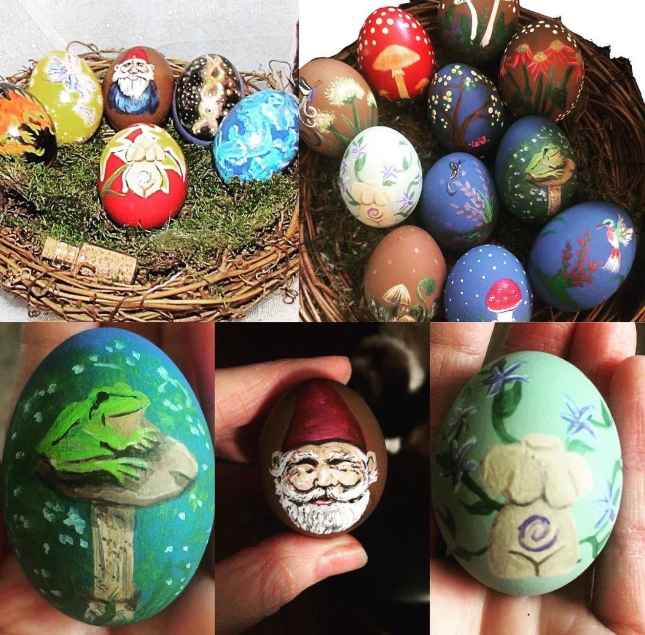 Collection of hand-painted Ostara eggs with folk art designs by Loren Morris, Primitive Witchery