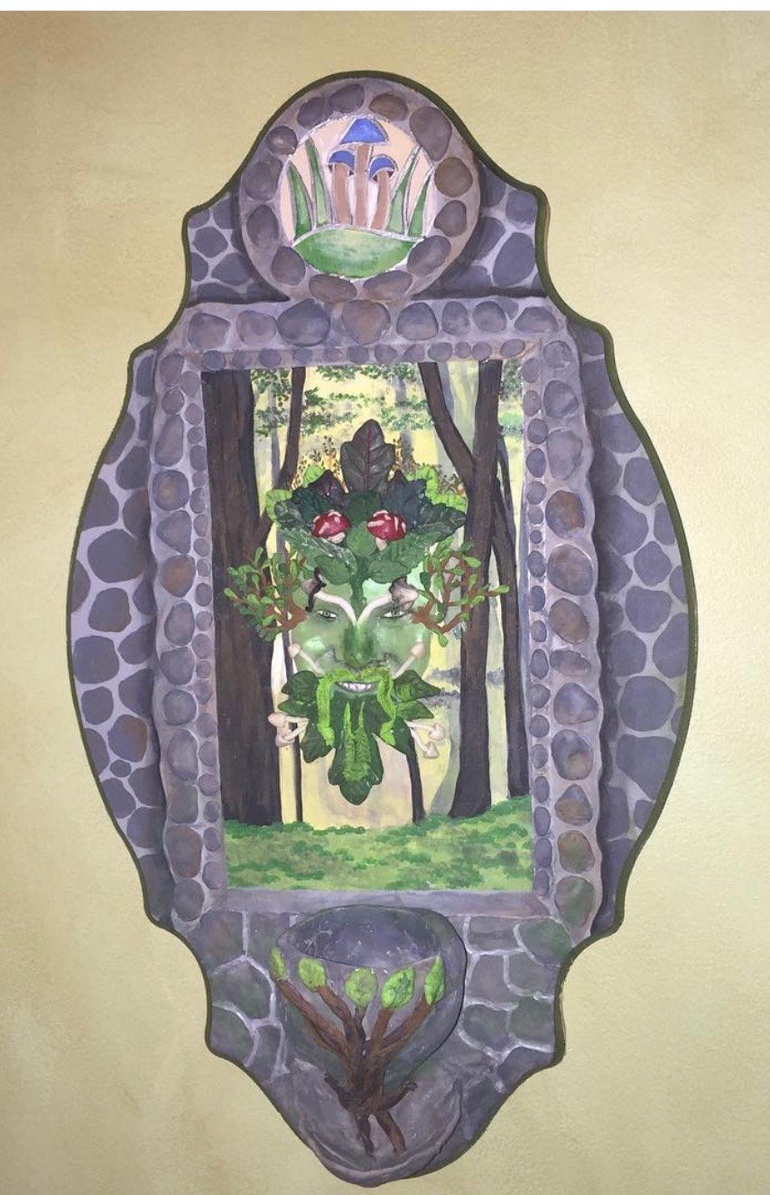 Full view of Green Man Forest Window mixed media piece by Loren Morris, Primitive Witchery