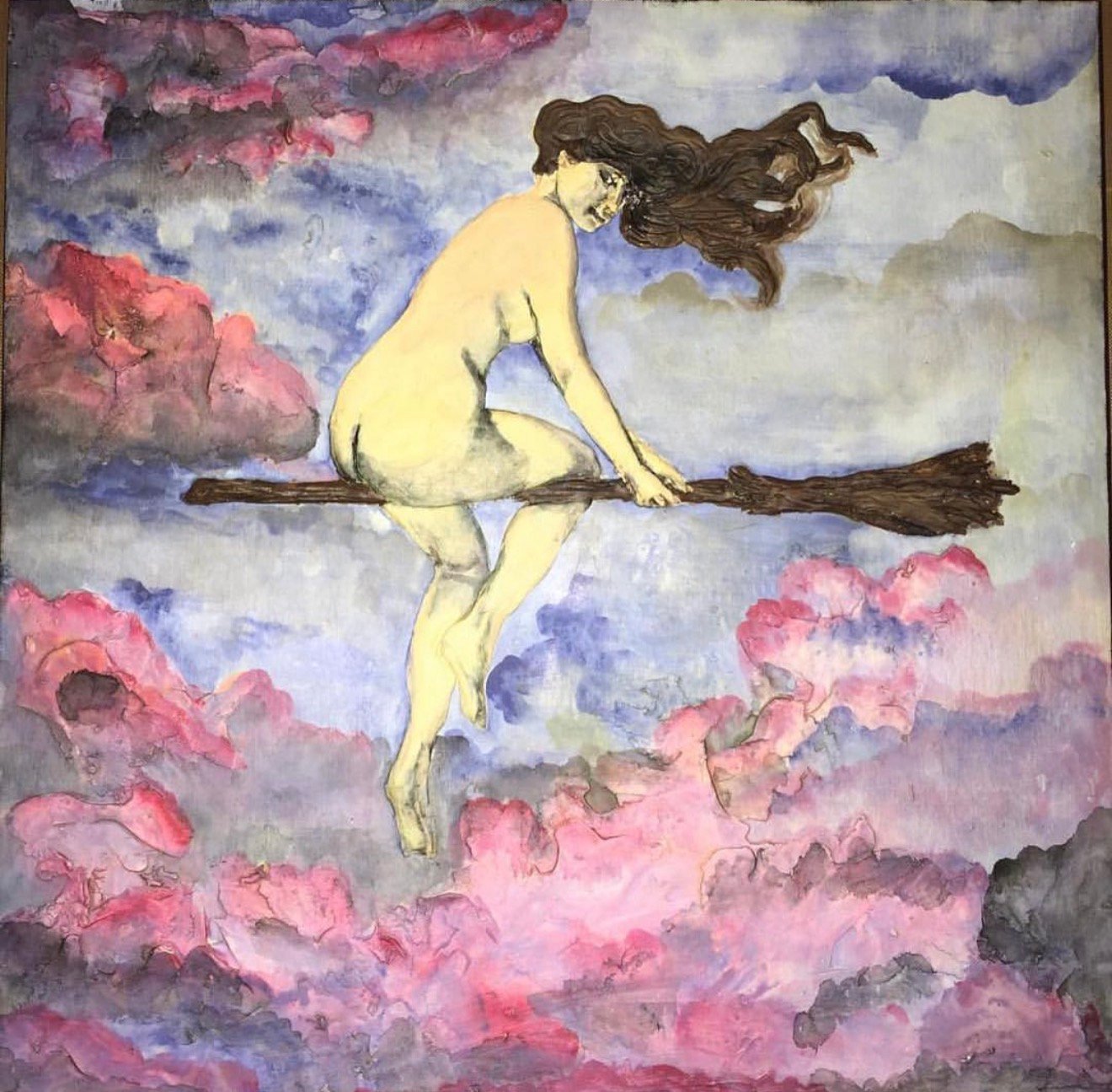 Watercolor painting of a witch riding a broomstick through clouds by Loren Morris, Primitive Witchery
