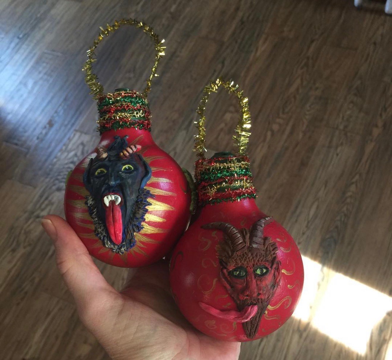 Hand-sculpted Krampus holiday ornaments by Loren Morris, Primitive Witchery