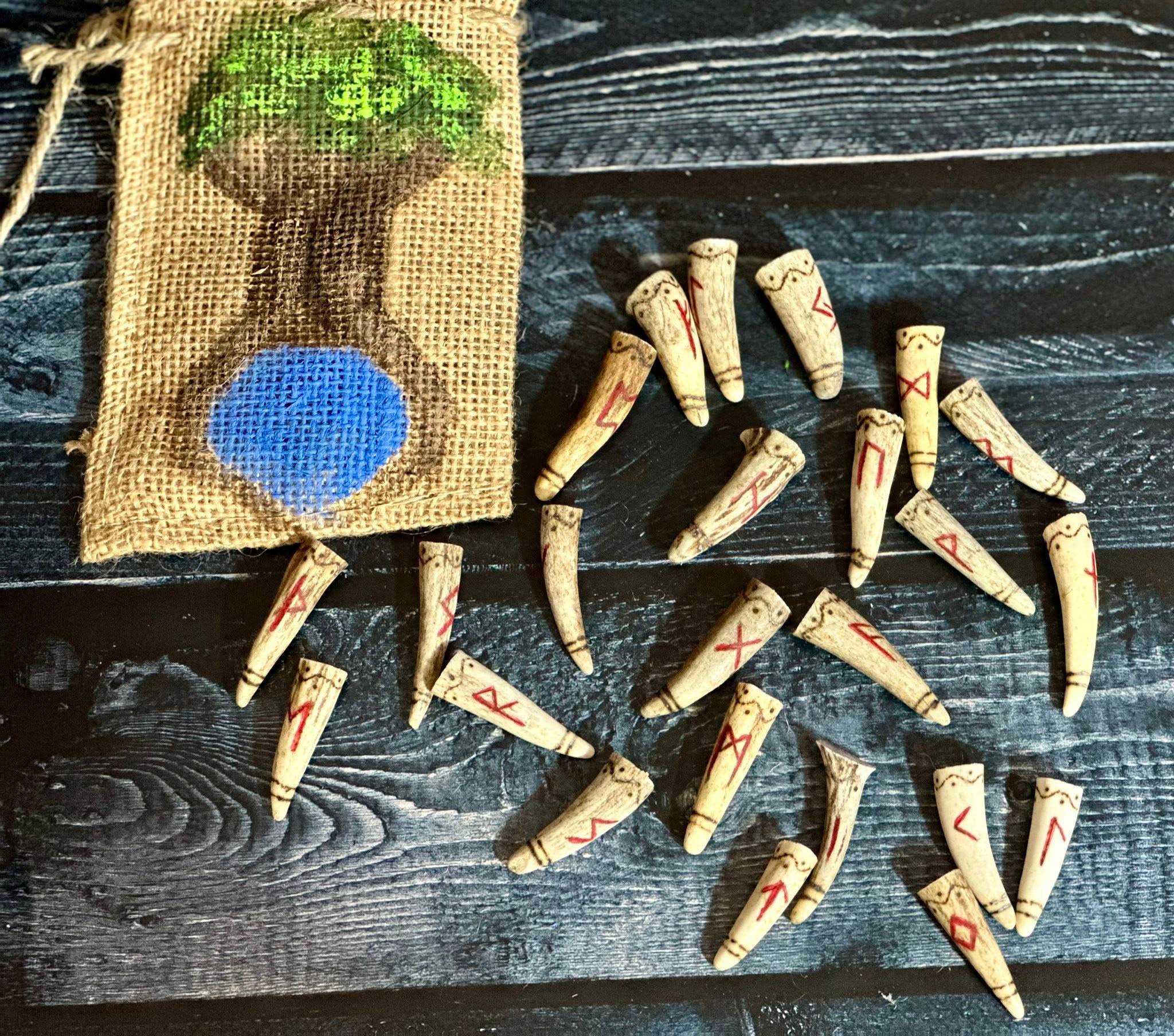 Hand-carved antler tip rune set with painted burlap pouch by Loren Morris, Primitive Witchery